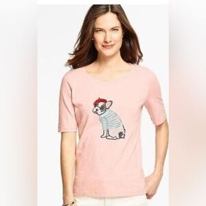 Talbots Pink French Bulldog Sequin Top Tee Size XS